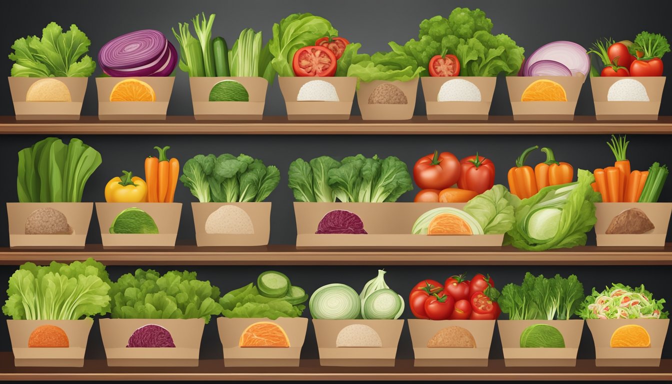 A colorful array of fresh vegetables and lean meats arranged on a menu board, with various salad and wrap options displayed