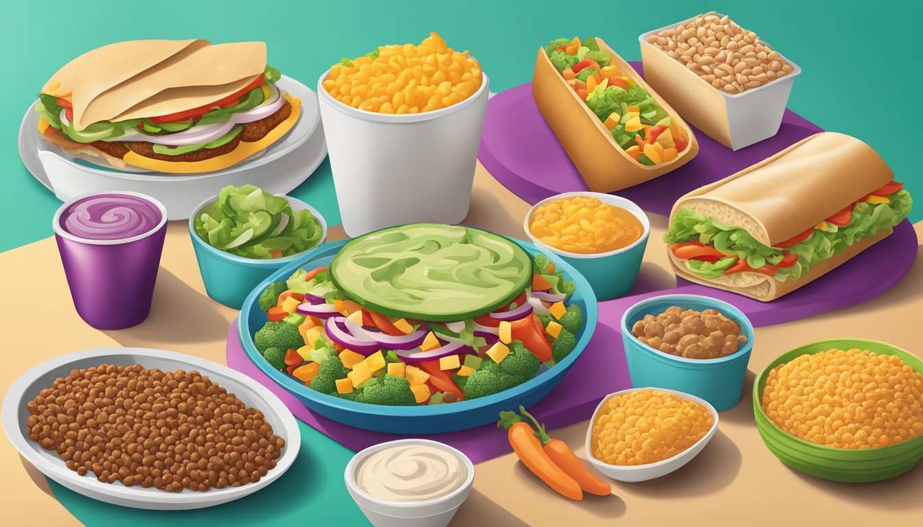 A colorful spread of nutritious ingredients like fresh vegetables, lean proteins, and whole grains, alongside indulgent yet balanced treats from Taco Bell