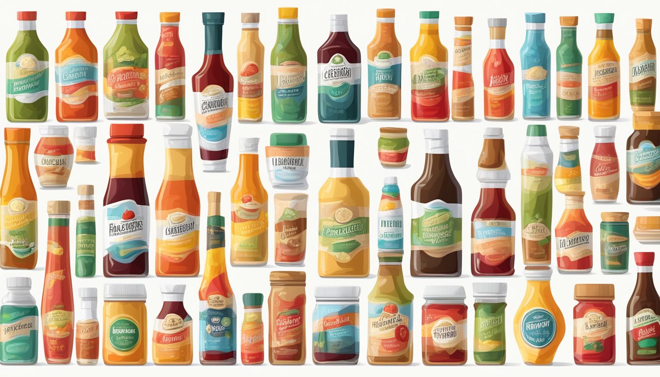 A colorful array of sauces and condiments arranged neatly on a clean, white background, with vibrant labels and various textures