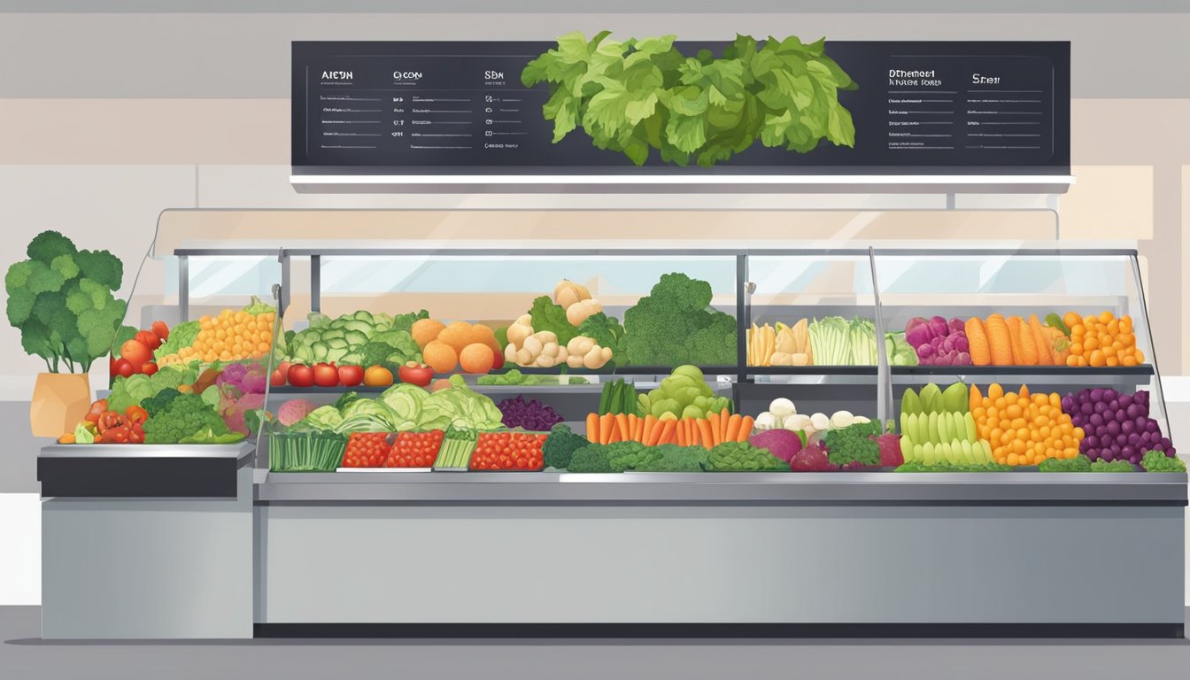 A colorful array of fresh vegetables, fruits, and lean proteins displayed on a clean, modern deli counter. Bright, inviting signage promotes healthy customization options