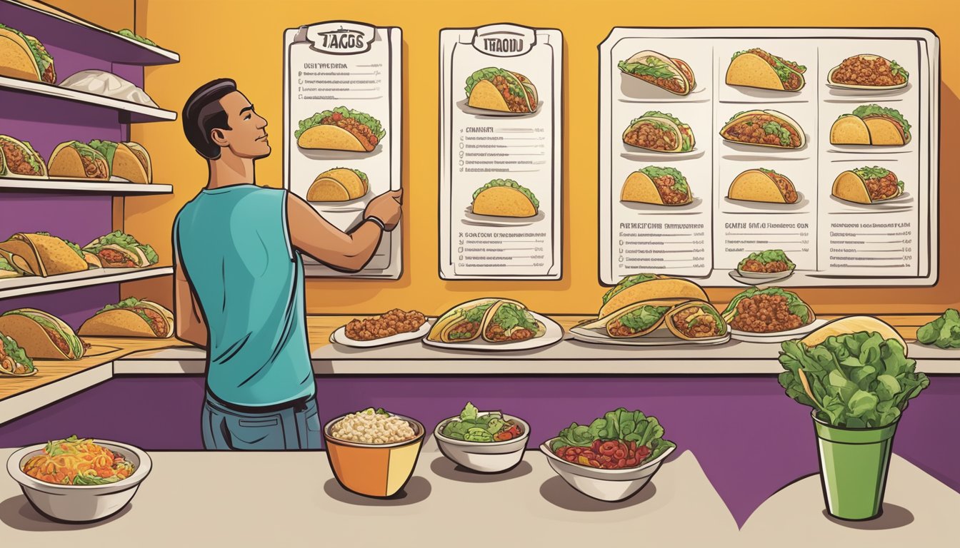 A customer at Taco Bell points to the menu, choosing from a variety of fresh, colorful ingredients for a custom-made, healthy taco