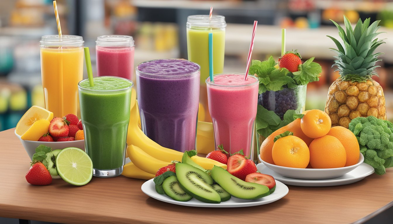 A colorful array of fresh fruits, vegetables, and smoothies displayed on a table at McAlister's Deli, showcasing their healthy drinks and beverages strategy