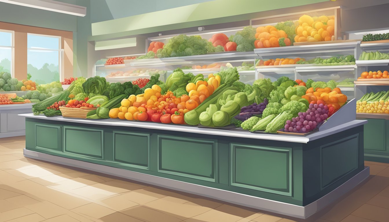 A colorful array of fresh vegetables and fruits displayed on a clean, well-lit deli counter