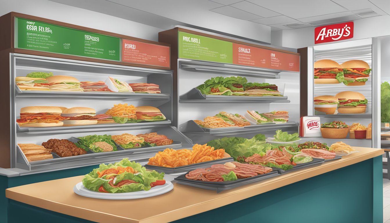 A colorful Arby's menu display showcasing a variety of healthy options, including salads, wraps, and lean meat sandwiches