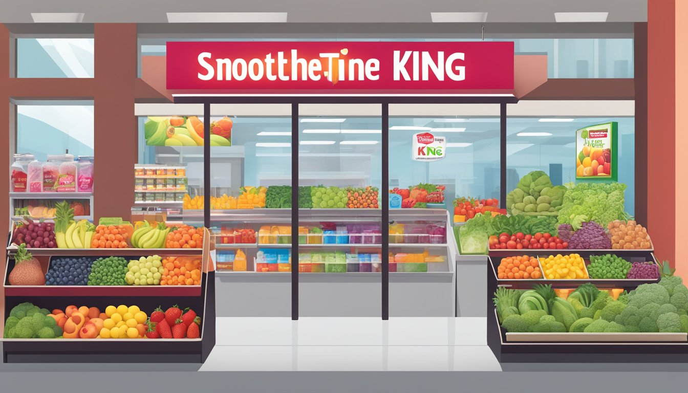 A vibrant display of fresh fruits, vegetables, and protein powders arranged in an inviting manner, with a prominent sign showcasing Smoothie King's commitment to healthy options