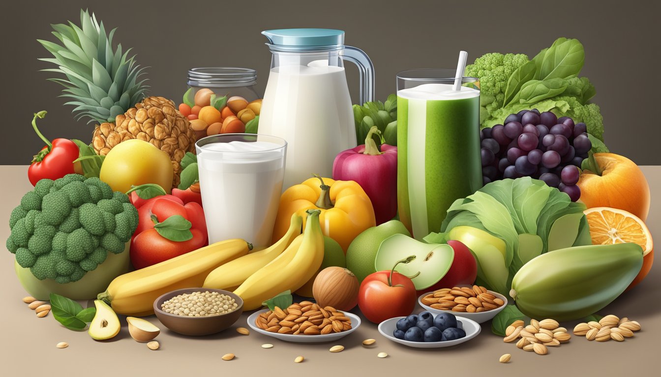 A variety of fresh fruits and vegetables arranged around a blender, with containers of yogurt, nuts, and seeds nearby