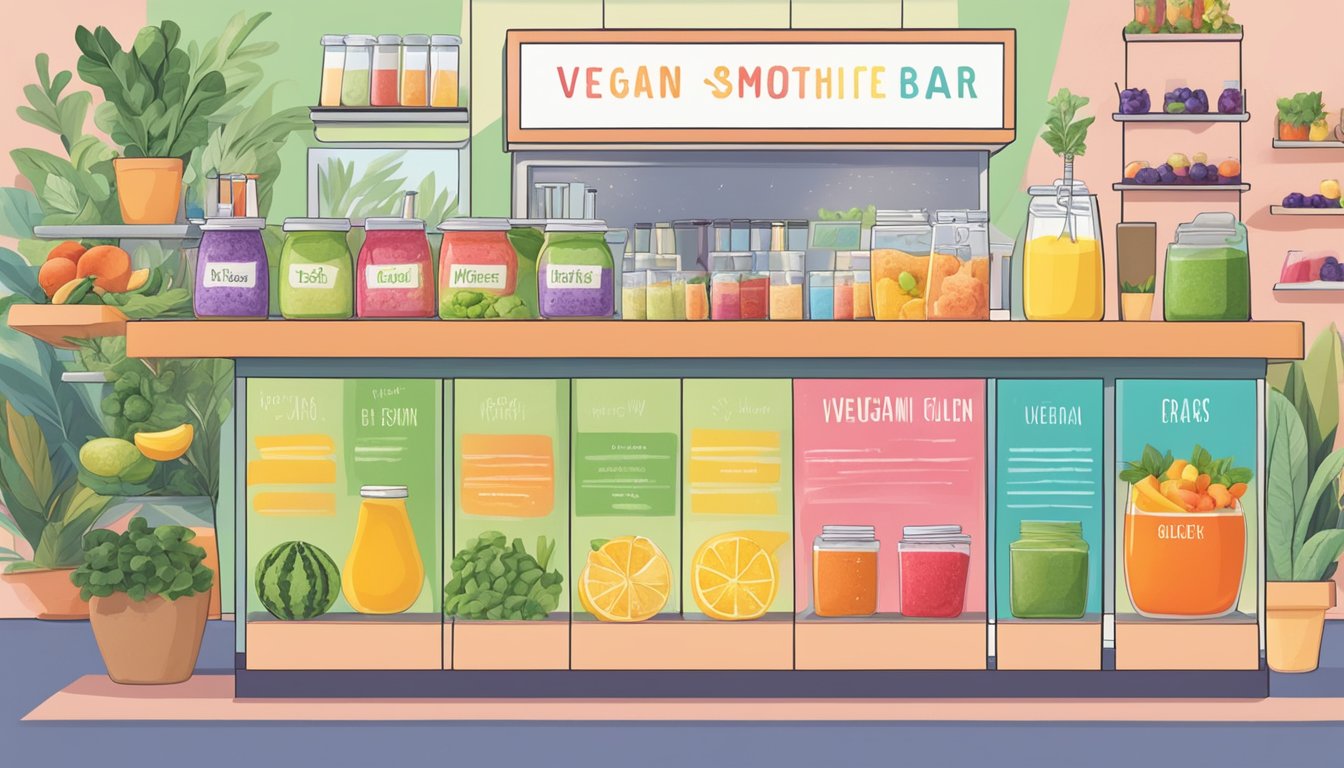 A colorful smoothie bar with labeled vegan, gluten-free, and low-sugar options. Patrons order custom blends from a menu of fresh fruits and nutritious supplements