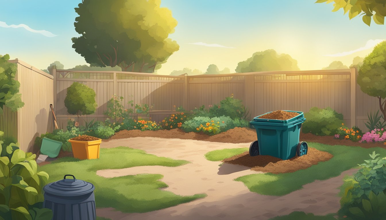 A backyard in Murrieta, CA with a compost bin, shovel, and various organic waste materials scattered around. The sun is shining, and there are trees and plants in the background