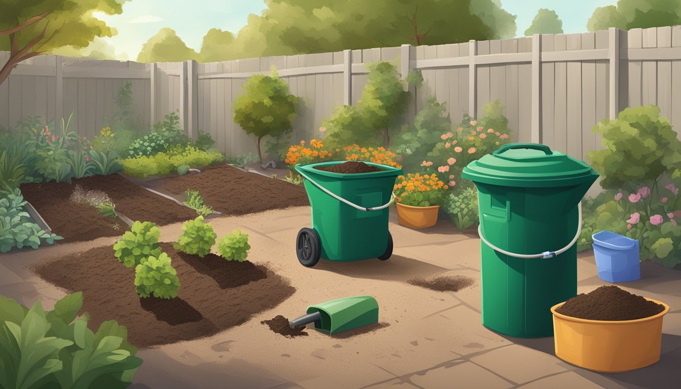 A backyard in Modesto, CA with a compost bin, shovel, and various organic waste materials spread out on the ground. A garden hose and gardening gloves are nearby