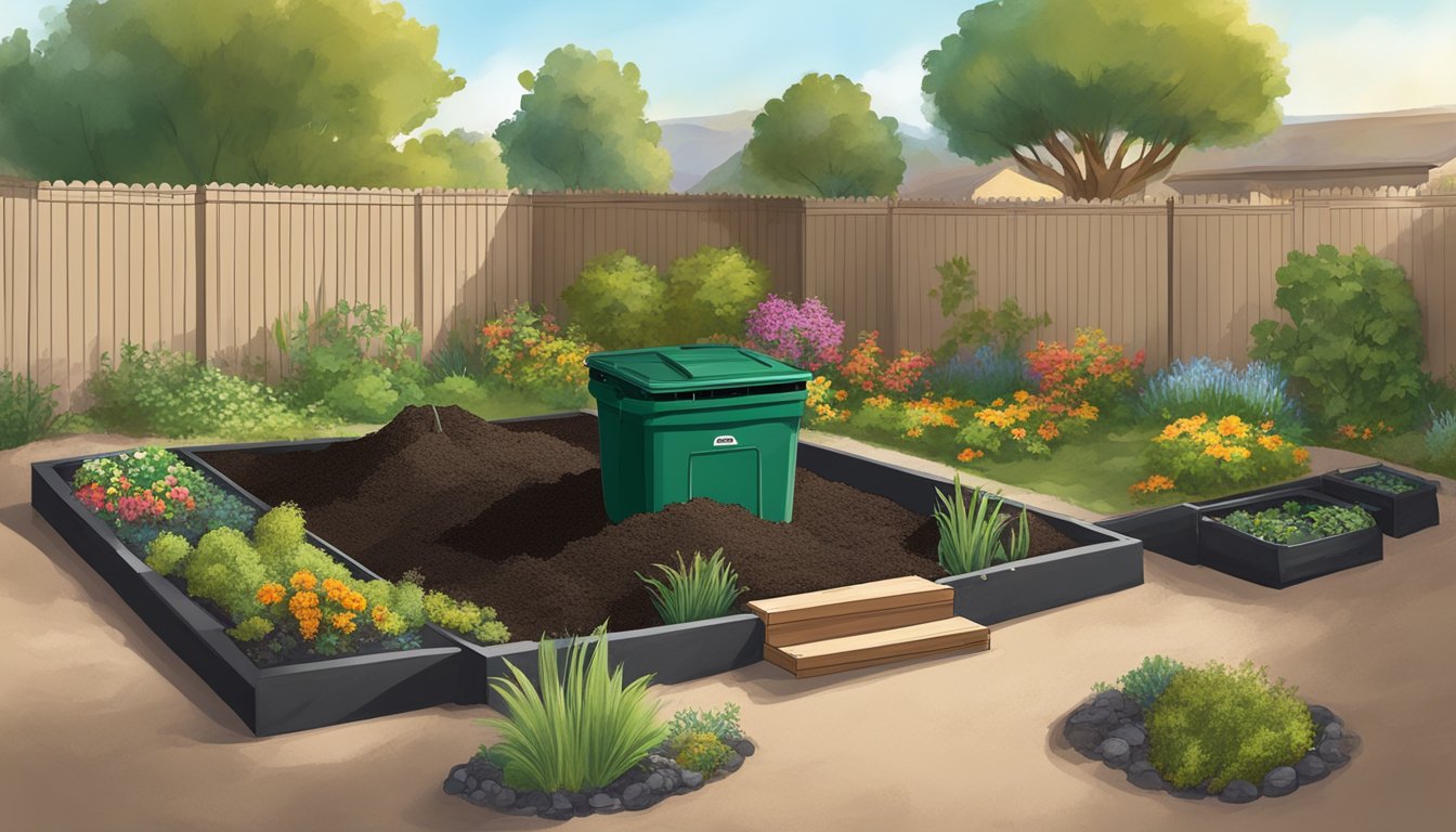 A backyard in Murrieta, CA with a compost bin, a pile of yard waste, and a small garden bed with rich, dark compost