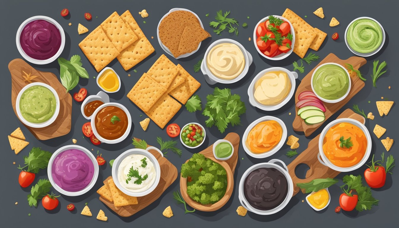 A table spread with an assortment of colorful and appetizing dips and savory appetizers, with fresh vegetables and whole grain crackers arranged around them