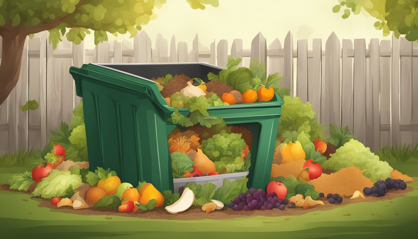 A backyard compost bin surrounded by various compostable materials such as fruit and vegetable scraps, yard waste, and cardboard