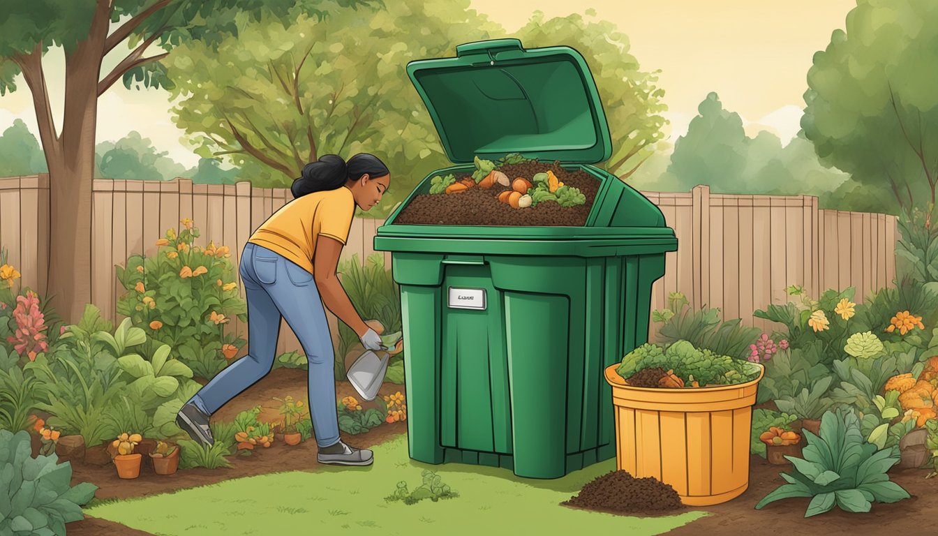 A person adding food scraps and yard waste to a compost bin in a backyard garden in Murrieta, CA. The bin is surrounded by greenery and has a lid to keep pests out