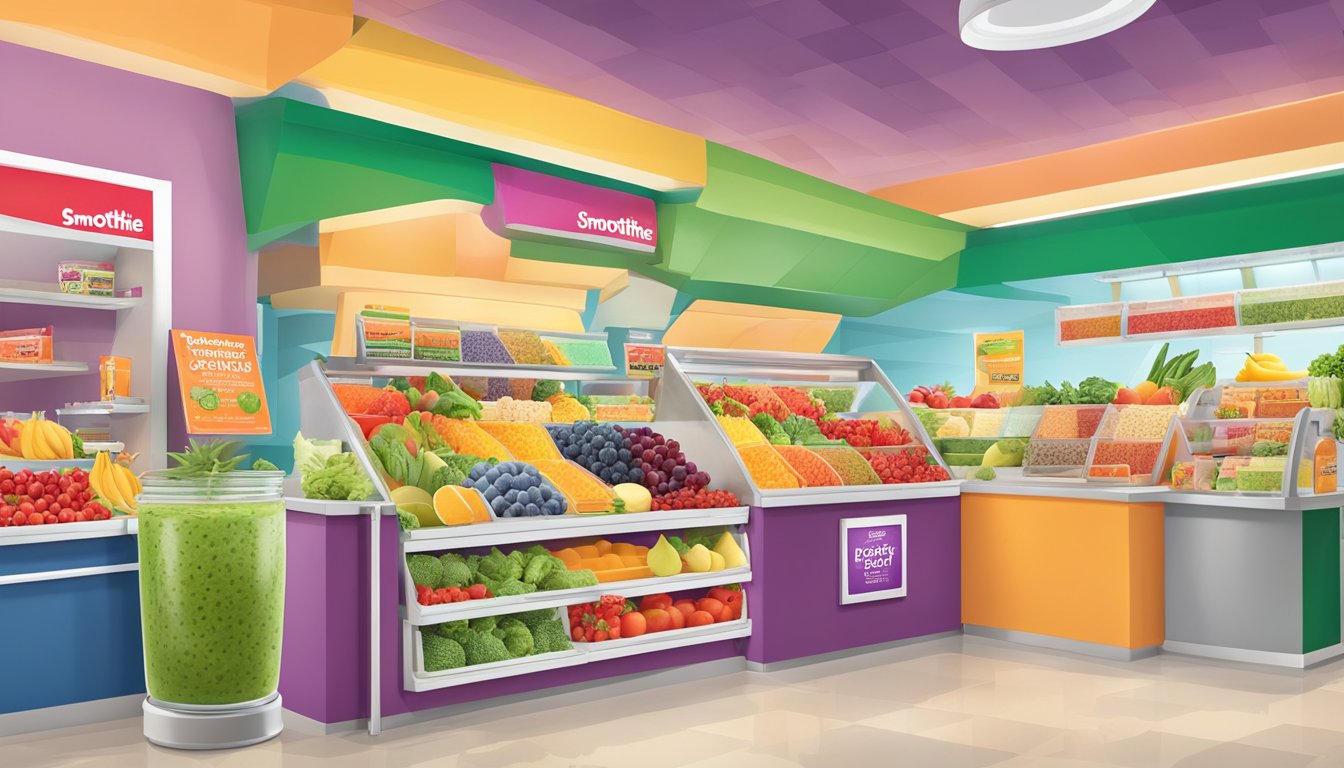 A colorful array of fresh fruits and vegetables surround a vibrant display of smoothie ingredients at Smoothie King, with a variety of healthy options available for their Specialty Blends