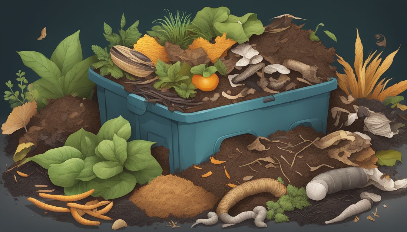 A pile of organic materials arranged in layers, including food scraps, yard waste, and paper, surrounded by earthworms and other decomposers