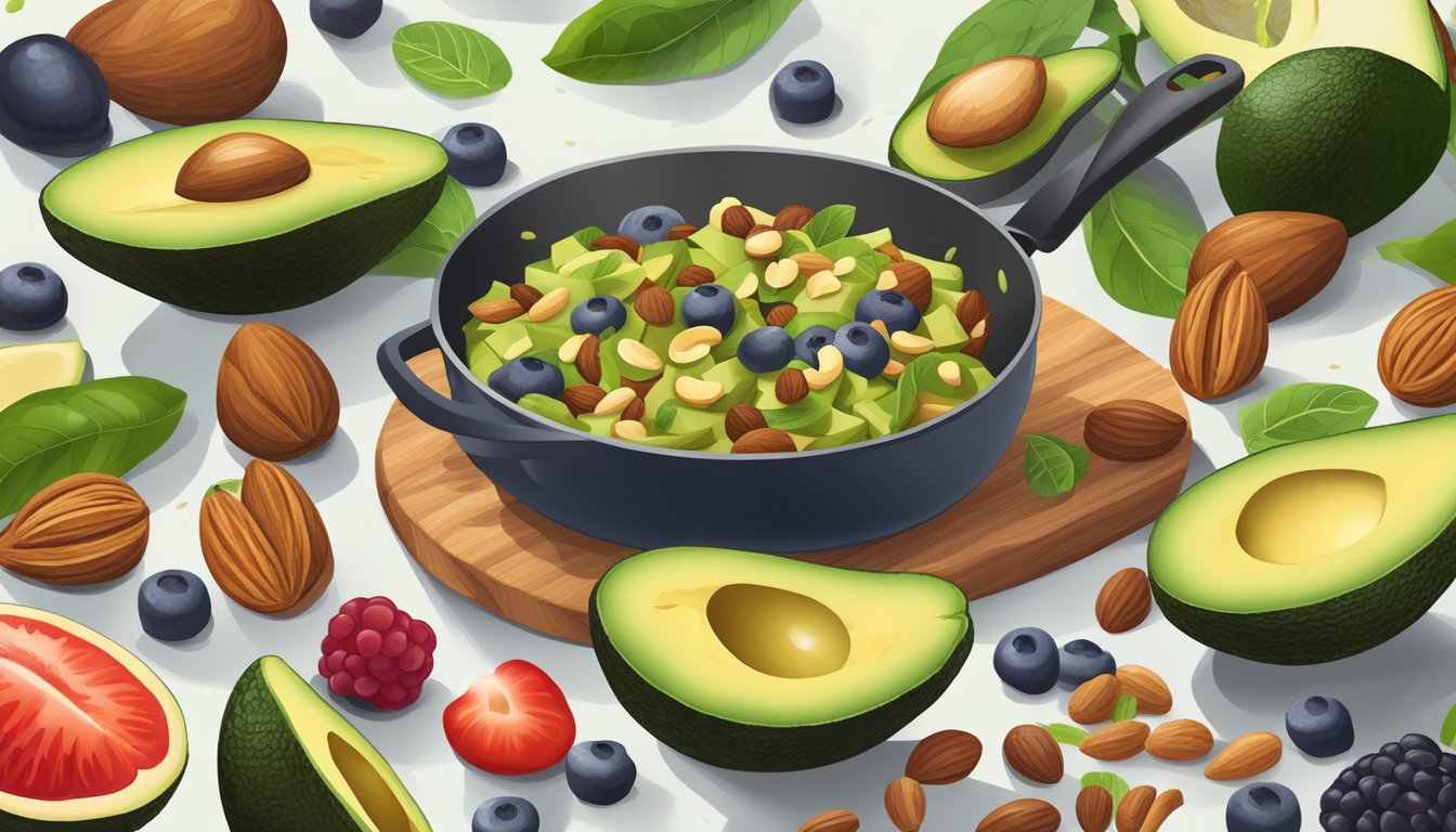 Fresh avocados, nuts, and seeds sizzle in a pan, releasing their healthy fats and aromas. Vibrant berries and colorful vegetables are arranged nearby as potential toppings