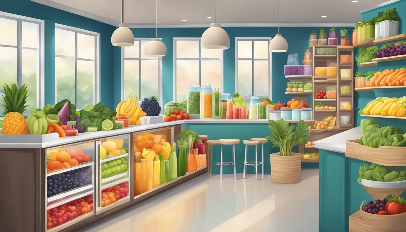 A vibrant smoothie bar with a variety of fresh fruits, vegetables, and other healthy ingredients displayed in an organized and appealing manner