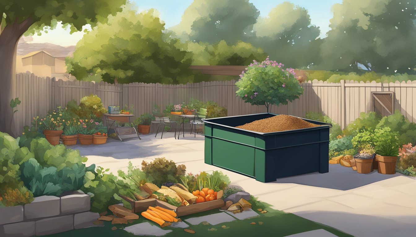 A backyard in Murrieta, CA with a compost bin surrounded by greenery and a mix of food scraps and yard waste being added to the pile