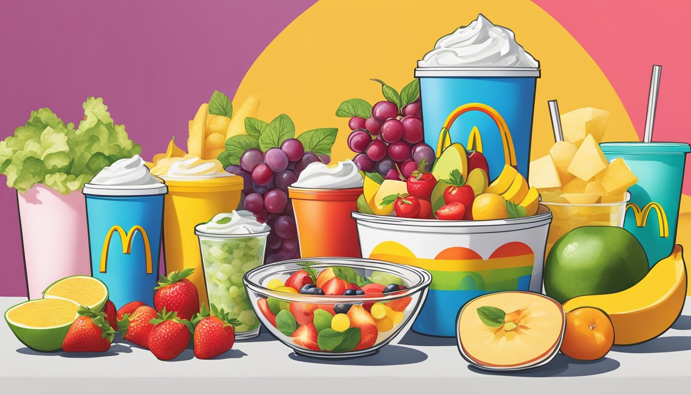 A colorful display of fresh fruits, salads, and yogurt parfaits next to the McDonald's logo