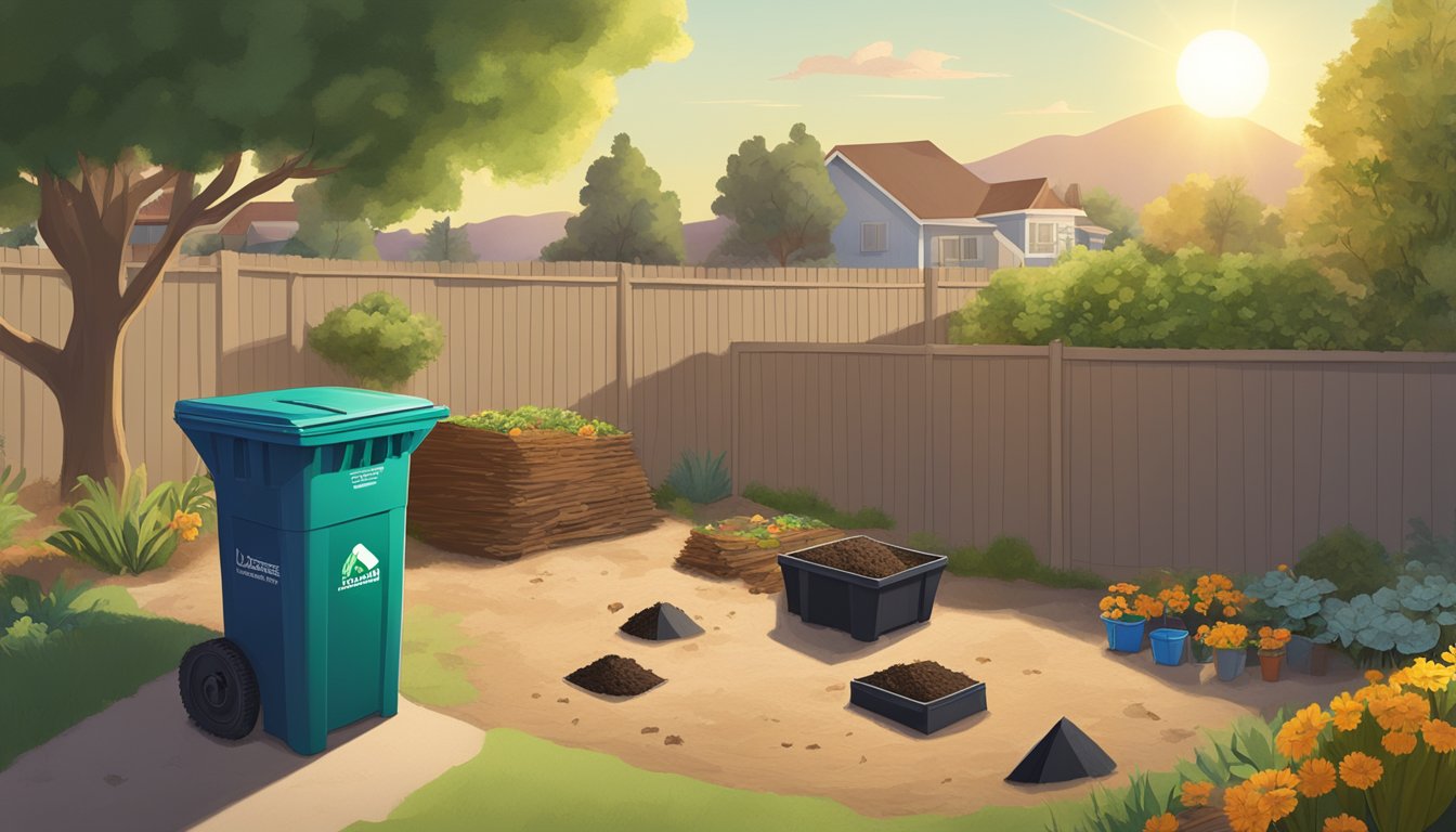 A backyard in Moreno Valley, CA with a composting bin, shovel, and various organic waste materials scattered around. The sun is shining and there are trees in the background