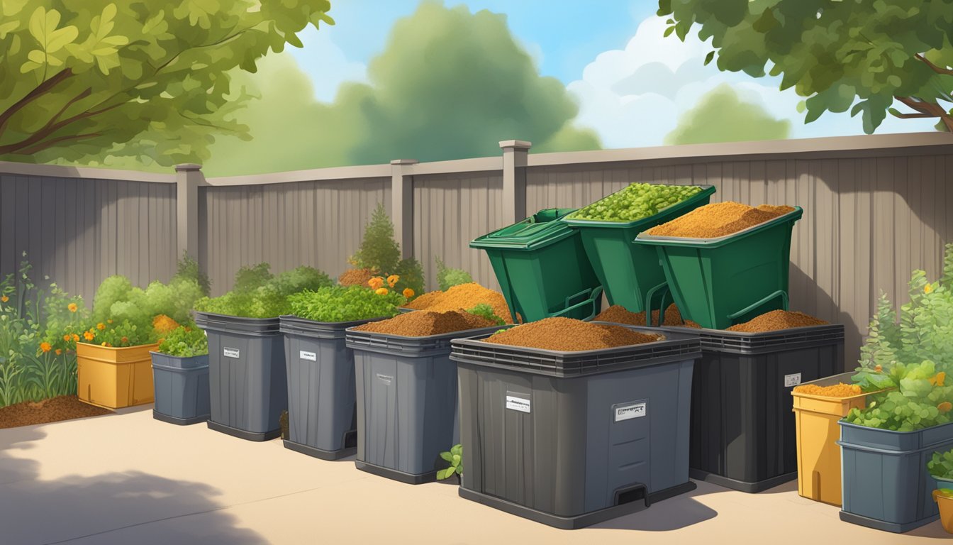 A backyard composting setup with various bins and materials, surrounded by greenery and a sunny sky in Modesto, CA