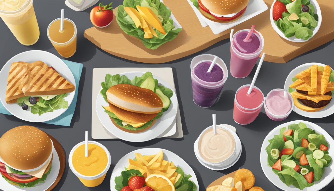 A table with a variety of healthy food and drink options from McDonald's, including salads, grilled chicken sandwiches, and fruit smoothies