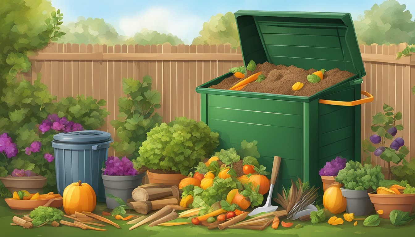 A backyard compost bin surrounded by gardening tools and a variety of organic materials such as fruit peels, vegetable scraps, and dry leaves in Moreno Valley, CA