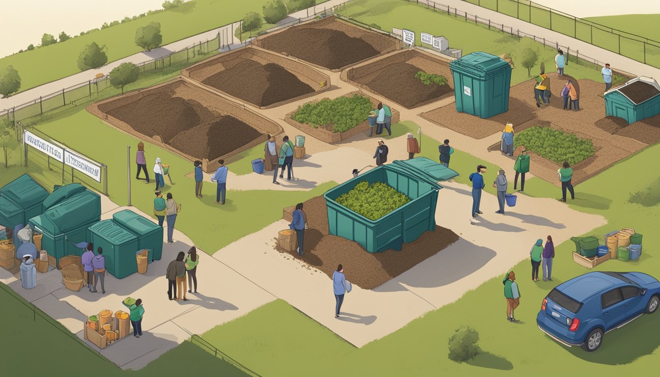 A group of people in Modesto, CA gather around a community composting site, surrounded by bins and educational signage. They share resources and knowledge about composting