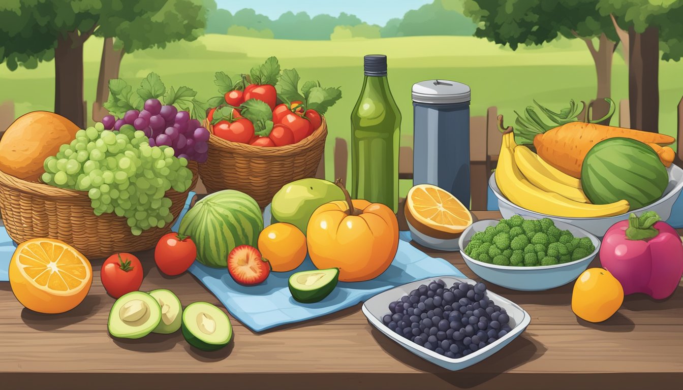 A colorful array of fresh fruits, vegetables, and lean proteins displayed on a picnic table at a cookout