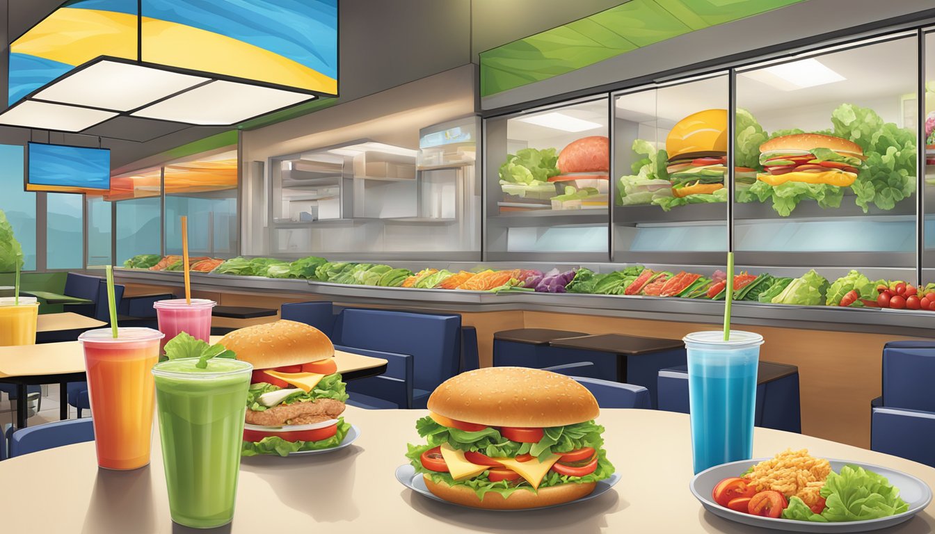 A colorful display of fresh salads, grilled chicken sandwiches, and fruit smoothies at a McDonald's restaurant