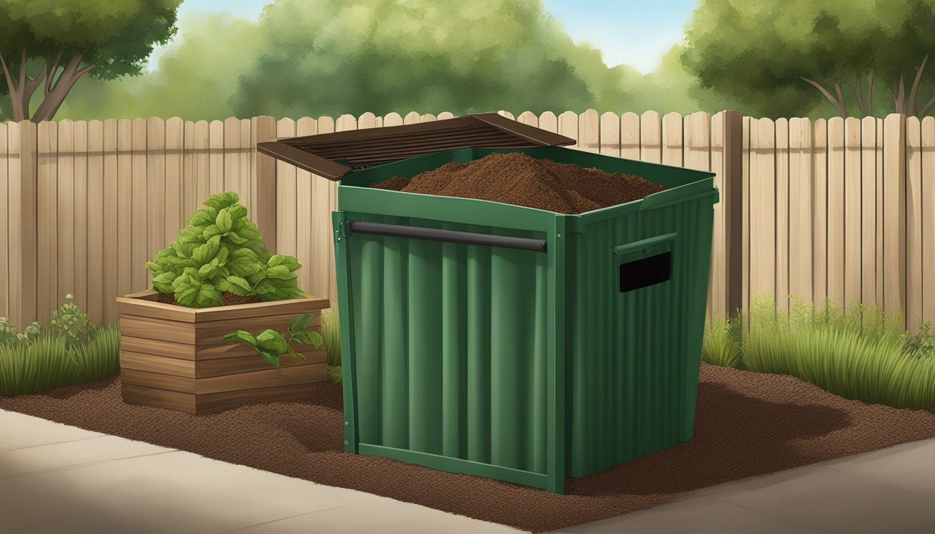 A backyard compost bin in Moreno Valley, CA, surrounded by a mix of green and brown organic materials, with a pitchfork for turning and aerating the compost pile