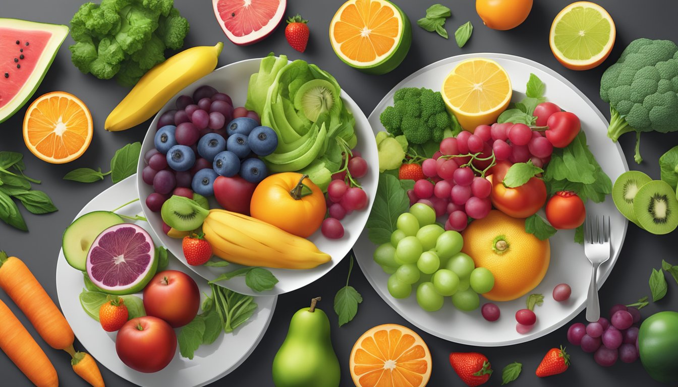 A colorful array of fresh fruits, vegetables, and lean proteins arranged on a clean, modern table setting