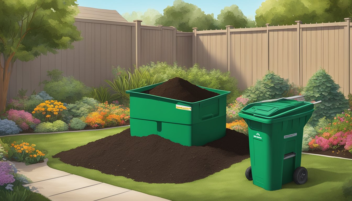 A backyard in Moreno Valley, CA with a compost bin, garden tools, and a variety of organic materials being added to the pile