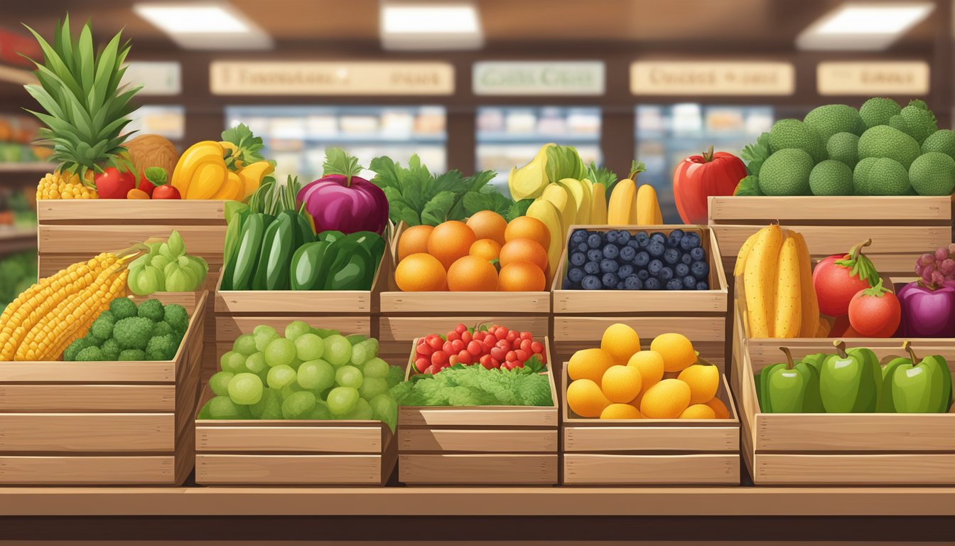 A colorful display of fresh fruits, vegetables, nuts, and whole grains arranged on wooden crates and baskets at a Trader Joe's store