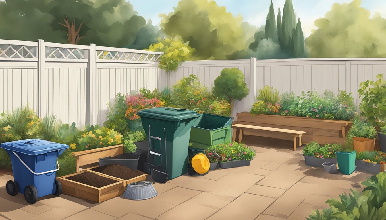 A backyard in Moreno Valley, CA with a compost bin, garden tools, and various organic materials being mixed together