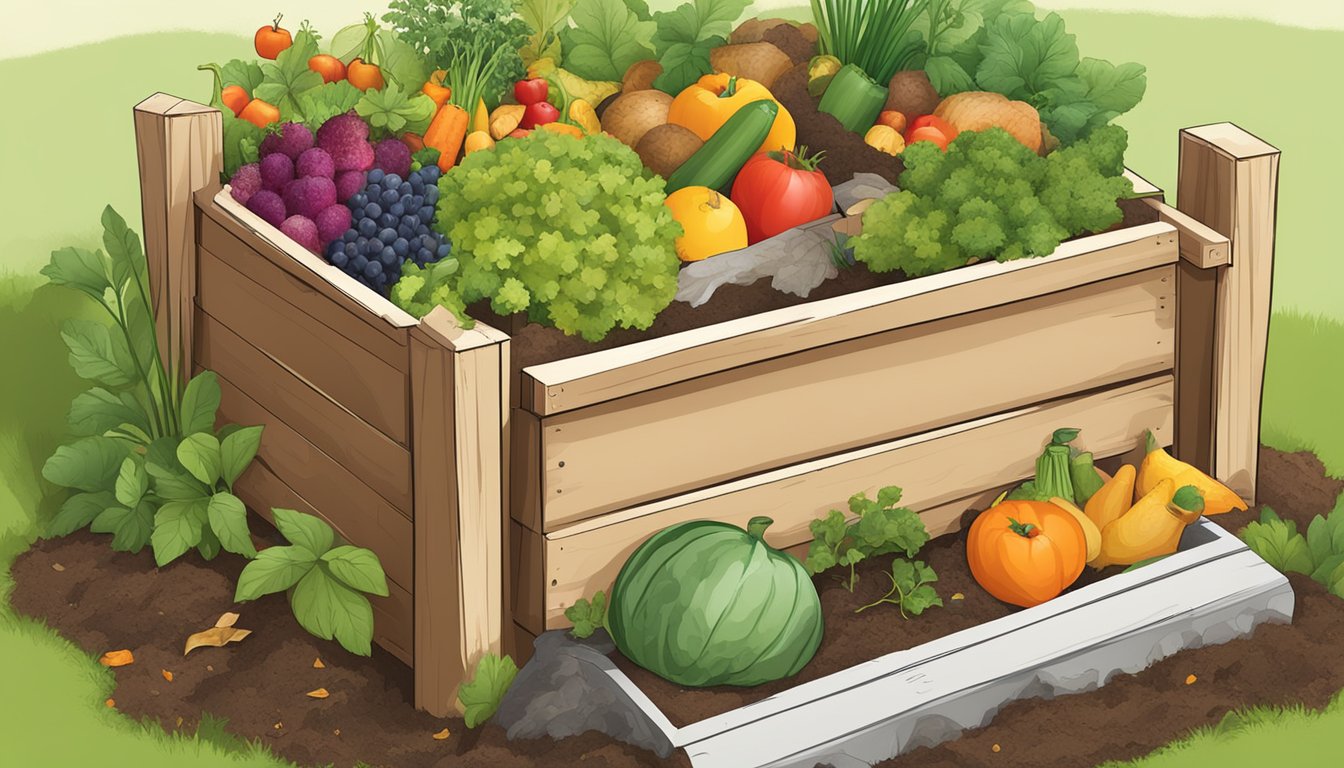 A backyard compost bin filled with a variety of organic materials, including fruit and vegetable scraps, leaves, and grass clippings