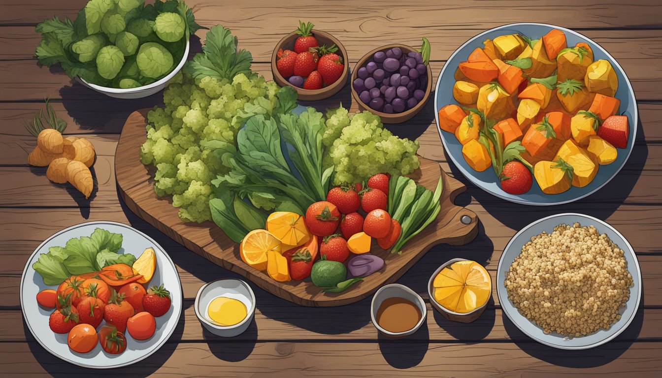 A colorful array of roasted vegetables, quinoa salad, and fruit platter on a rustic wooden table