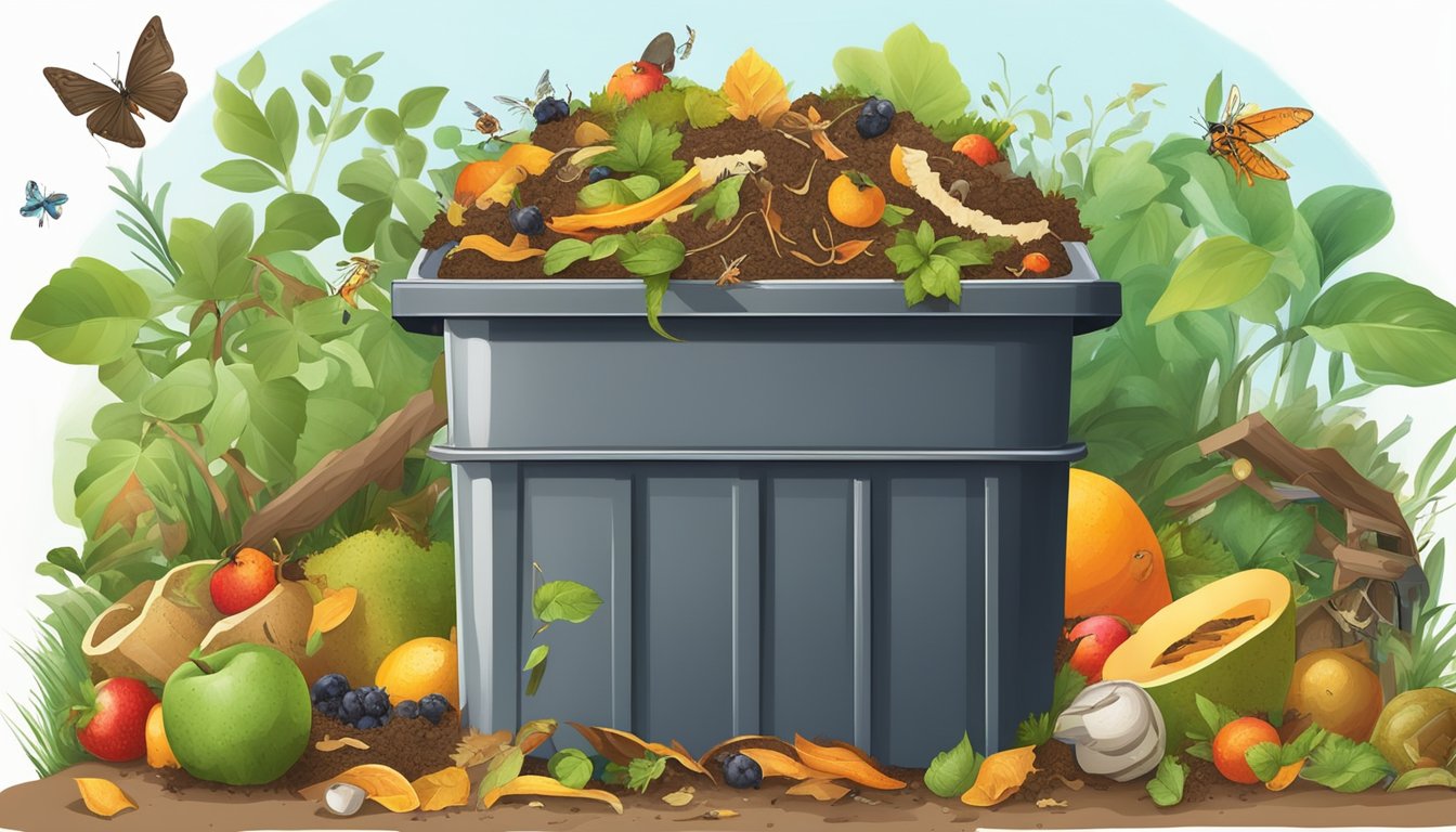 A backyard compost bin surrounded by various organic materials like fruit peels, leaves, and grass clippings, with worms and insects breaking down the waste