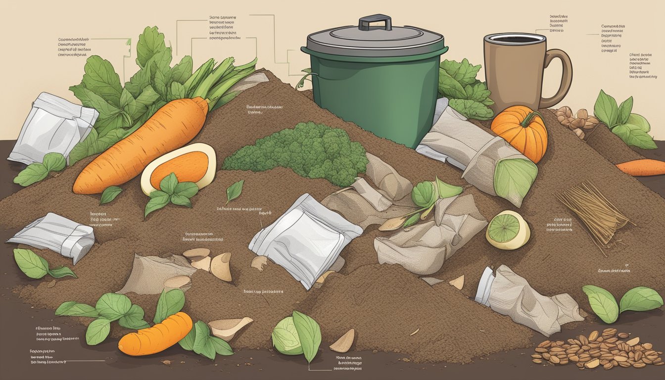 A pile of compostable materials, including fruit and vegetable scraps, leaves, and coffee grounds, surrounded by a clear list of items to avoid composting