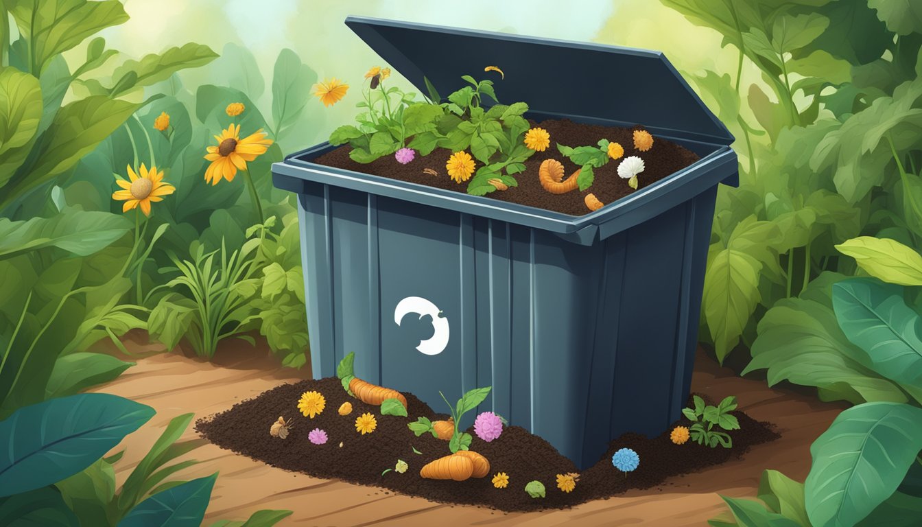 A bin filled with organic waste and soil, with worms crawling through the mixture, surrounded by a lush garden