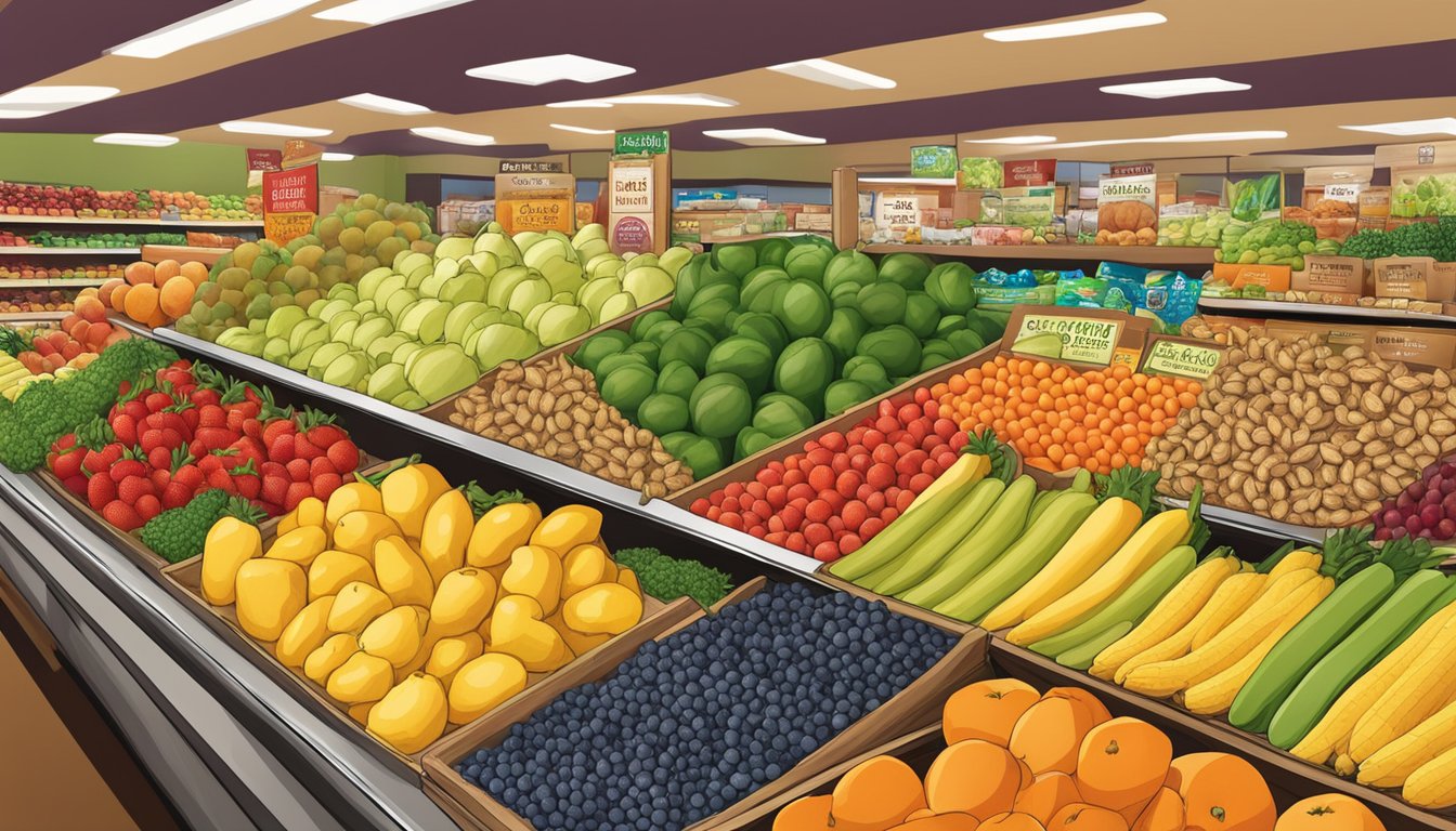 A colorful display of fresh fruits, vegetables, nuts, and organic snacks at a Trader Joe's store