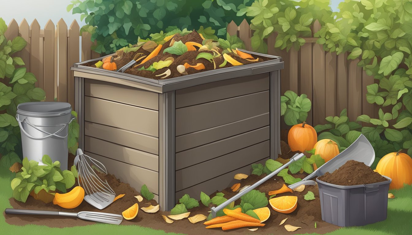 A backyard compost bin surrounded by a variety of organic waste materials, such as fruit peels, vegetable scraps, and yard clippings. A shovel and gardening gloves are nearby