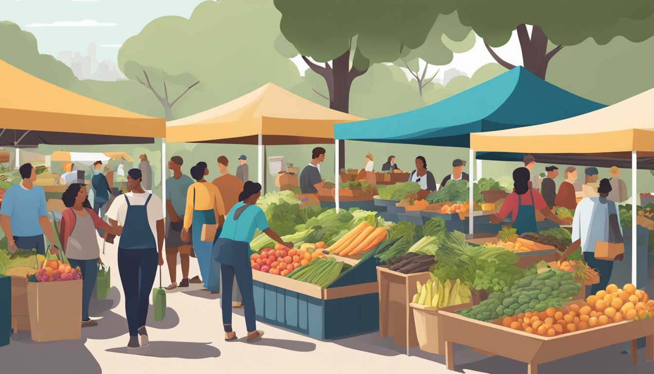 A bustling farmers market with diverse produce, bins for composting, and people engaging in sustainable practices