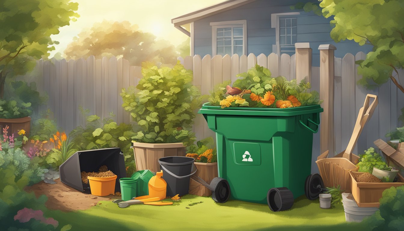 A sunny backyard with a compost bin, garden tools, and a variety of organic waste materials spread out on a table