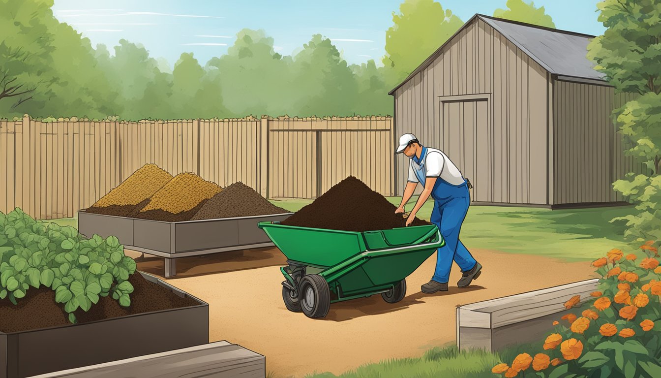 A person follows the El Corazon Compost Facility guide, turning and aerating compost piles in a sunny outdoor setting