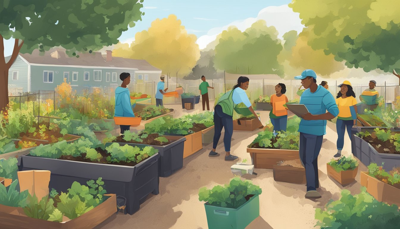 A community garden in Oakland, CA with compost bins, a sign with composting guidelines, and people working together to maintain the composting area