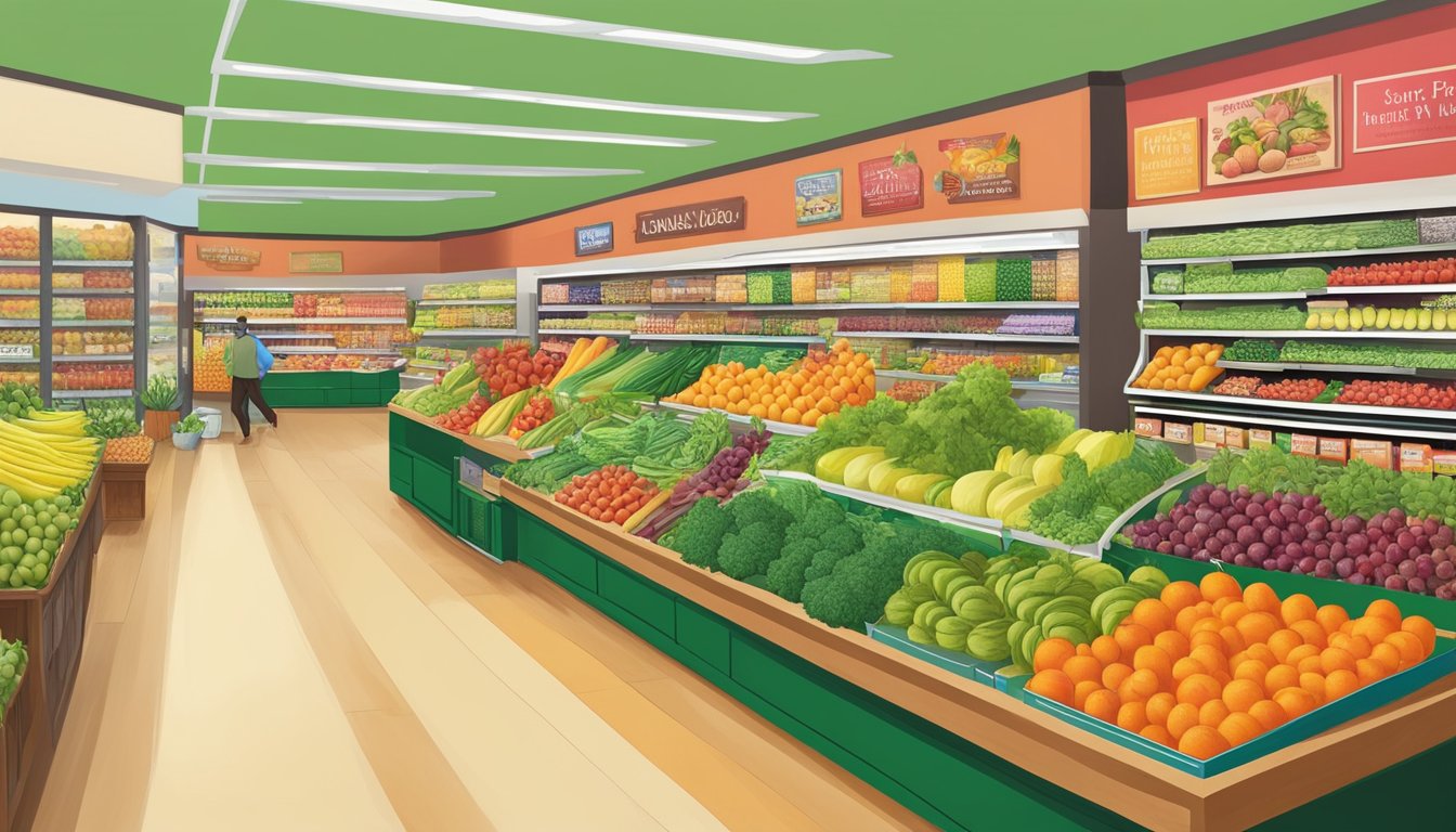 A colorful display of fresh fruits, vegetables, and organic products at Trader Joe's, with a focus on health and wellness options