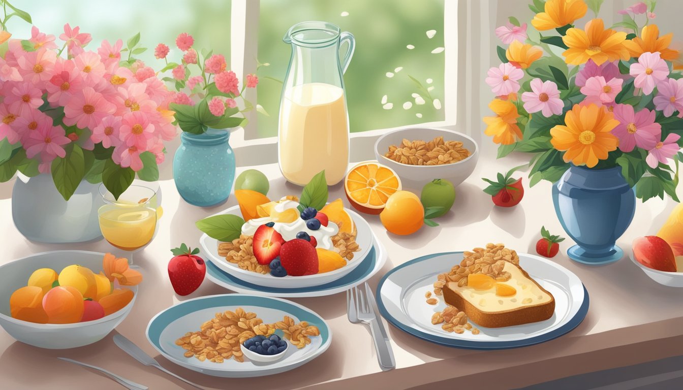 A table set with colorful fruit, yogurt, granola, and whole grain toast, surrounded by fresh flowers and a warm, inviting atmosphere