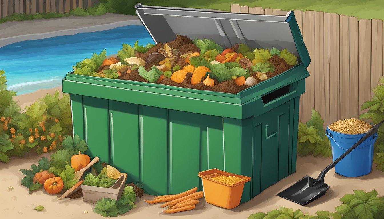 A backyard compost bin surrounded by food scraps, leaves, and a shovel in Oceanside, CA