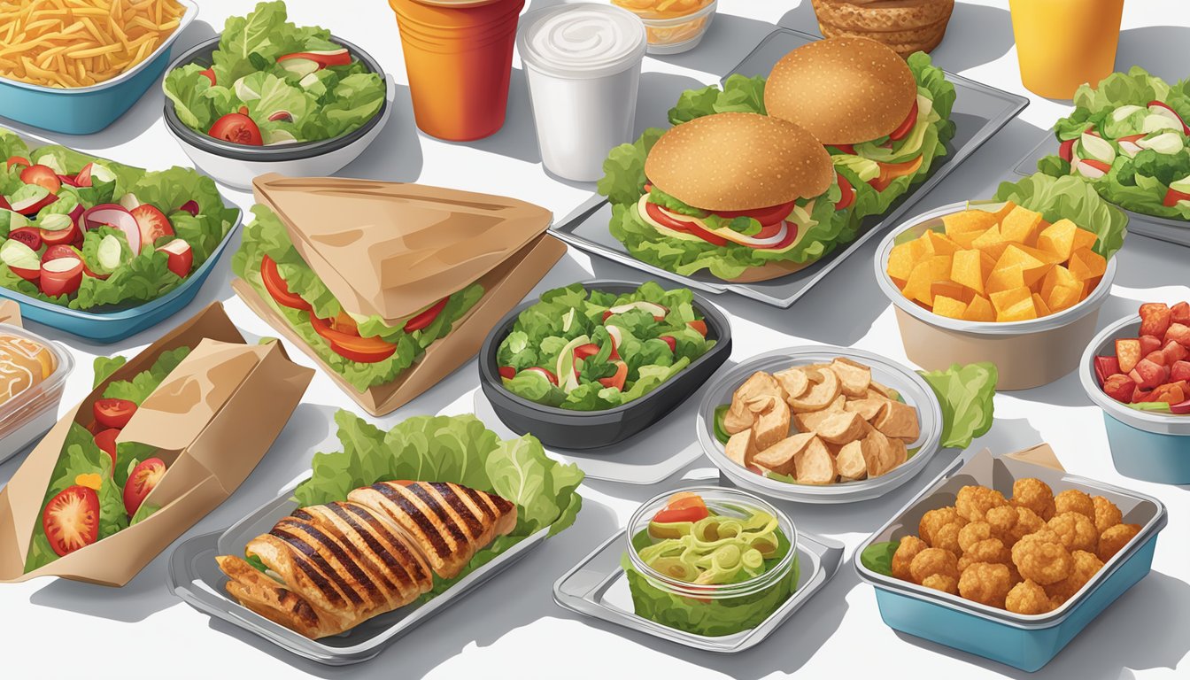 A colorful array of fresh salads, grilled chicken wraps, and fruit cups displayed next to classic fast food items at Arby's